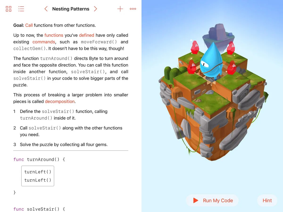Anak belajar coding dengan Swift Playgrounds — puzzle interaktif